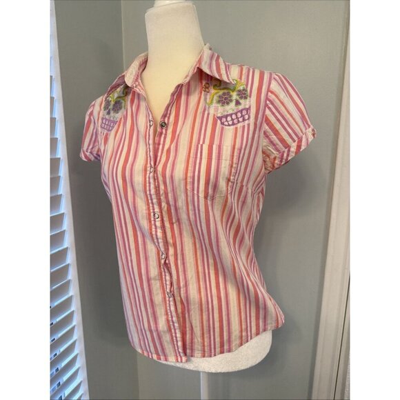 No Boundaries 90s Y2K Pink Striped Embroidered Skeleton Skull Button Down M/L - Picture 16 of 16